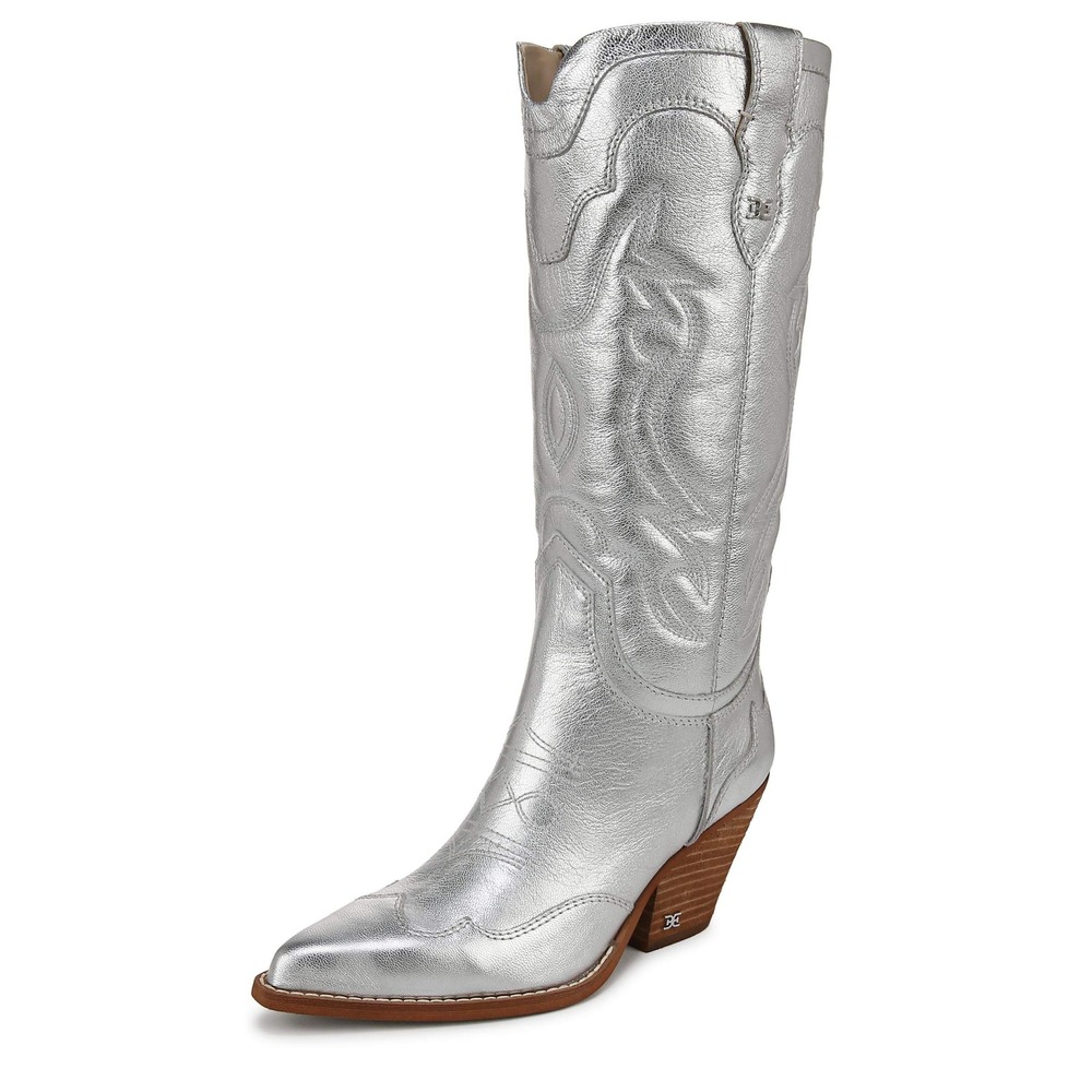 Sam Edelman James Western Boots Silver‎ Metallic Leather Cowboy Pointed Toe US 5